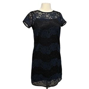 LOFT Blue/Black Multi Cap Sleeve Lace Mini Dress Size 2